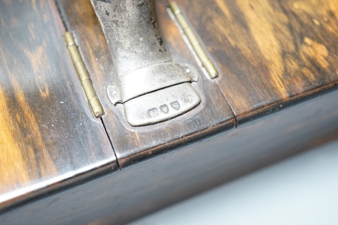 A late Victorian silver mounted calamander wood two sided cigar box, with handle, London, 1893, 23.1cm.